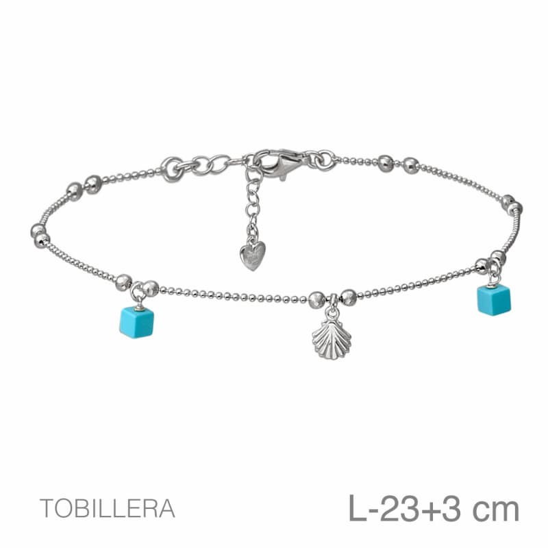 Tobillera Turquesas Concha Plata Ley