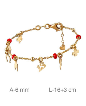 Pulsera Amuletos Bolitas Rojas Plata Ley Bañada en Oro