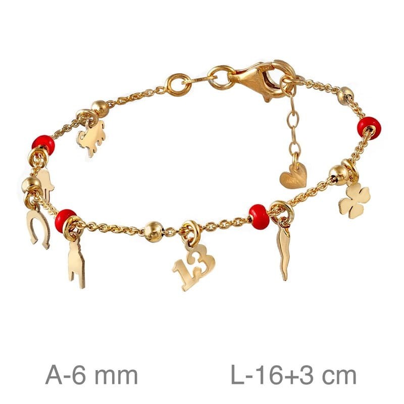 Pulsera Amuletos Bolitas Rojas Plata Ley Bañada en Oro
