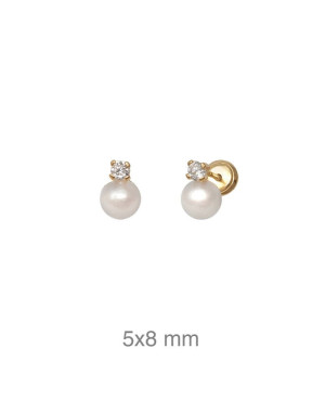 Pendientes Circonita y Perla 5mm  Rosca Plata Ley con Baño de Oro