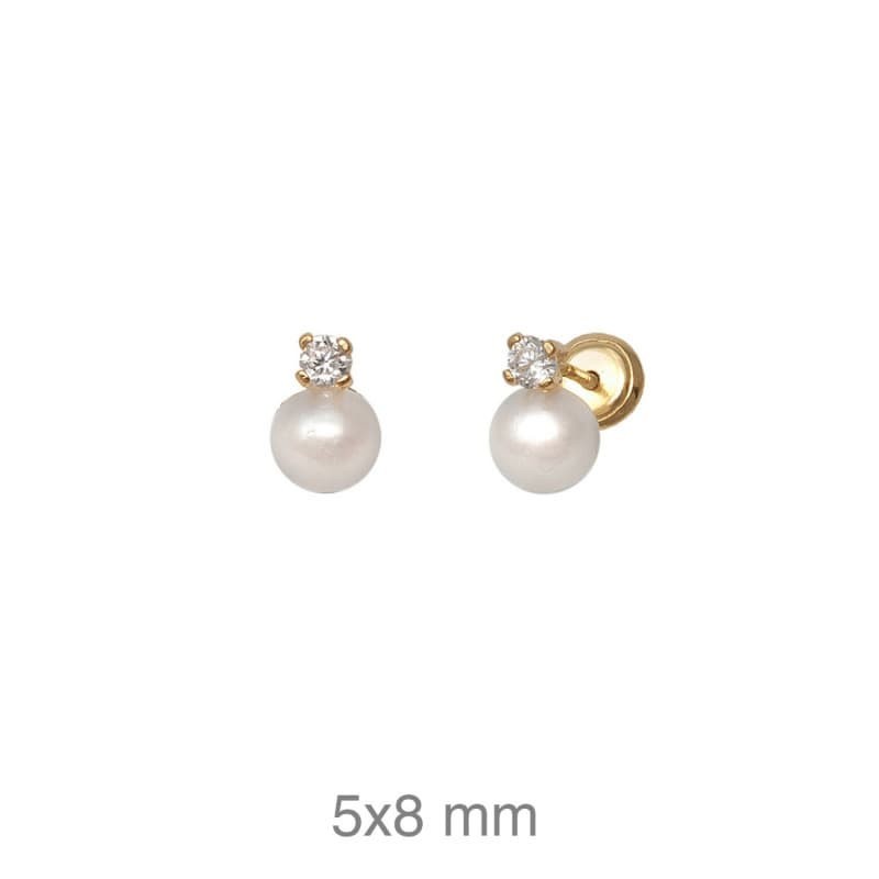 Pendientes Circonita y Perla 5mm  Rosca Plata Ley con Baño de Oro