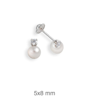Pendientes Circonita y Perla 5mm  Rosca Plata Ley
