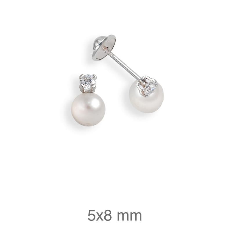Pendientes Circonita y Perla 5mm  Rosca Plata Ley