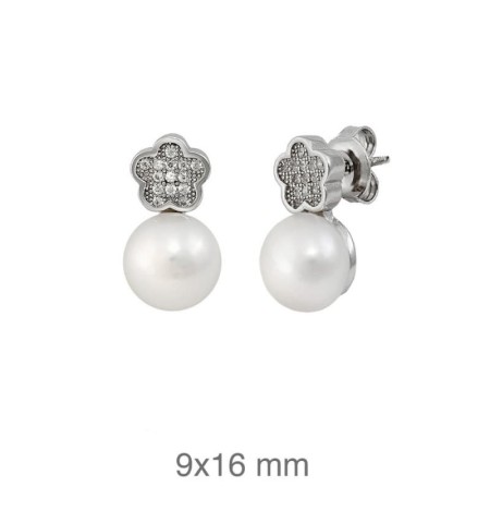 Pendientes Tu y Yo Perla Flor y Circonitas de Plata Ley