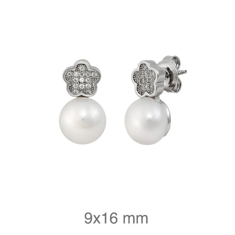 Pendientes Tu y Yo Perla Flor y Circonitas de Plata Ley
