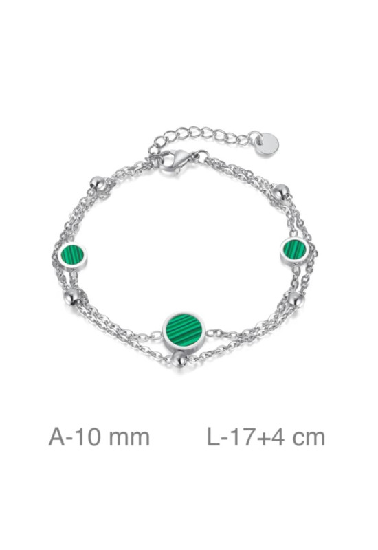 Pulsera de Acero Doble con Bolas y Esmalte color Malaquita