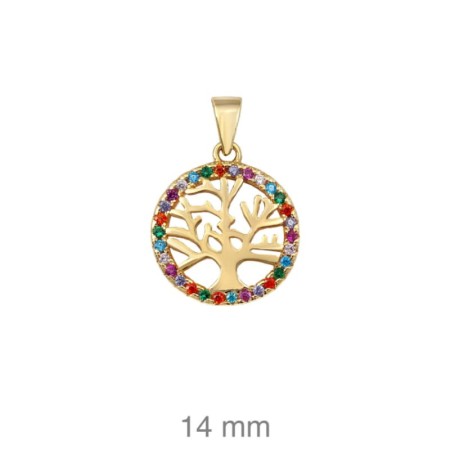 Colgante Árbol de la Vida con Circonitas Multicolores en Plata Ley con Baño de Oro