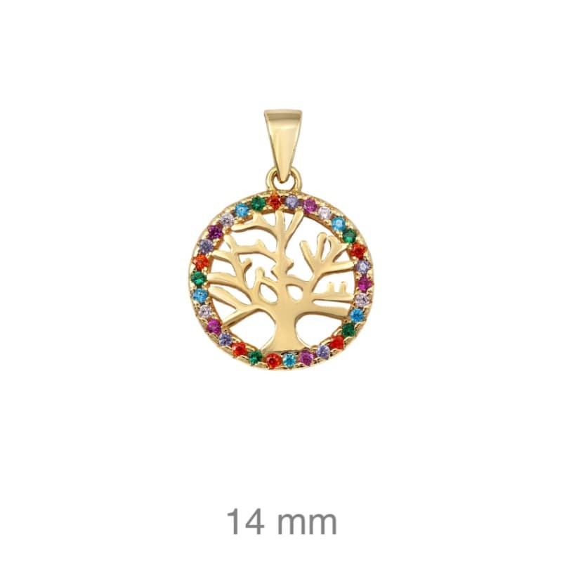 Colgante Árbol de la Vida con Circonitas Multicolores en Plata Ley con Baño de Oro
