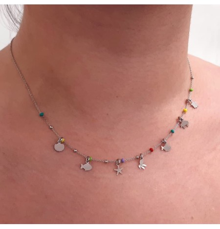 Collar con Charms y Bolitas Multicolores de Plata Ley
