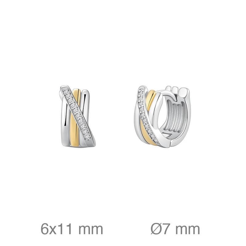 Pendientes Bicolor de Aros cruzados con Circonitas Plata Ley