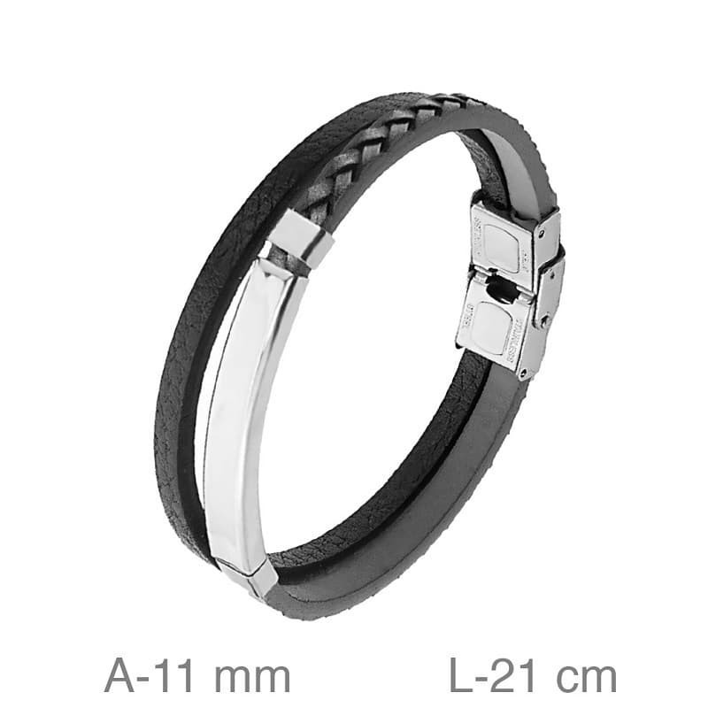 Pulsera Doble de Acero con  Piel Negra y Gris Trenzada