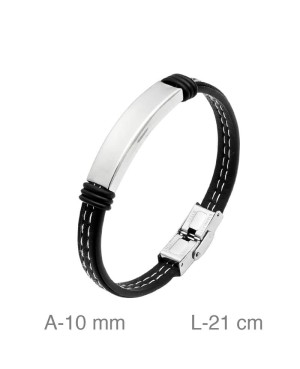 Pulsera de Acero y  Piel Negra con Pespunte Blanco