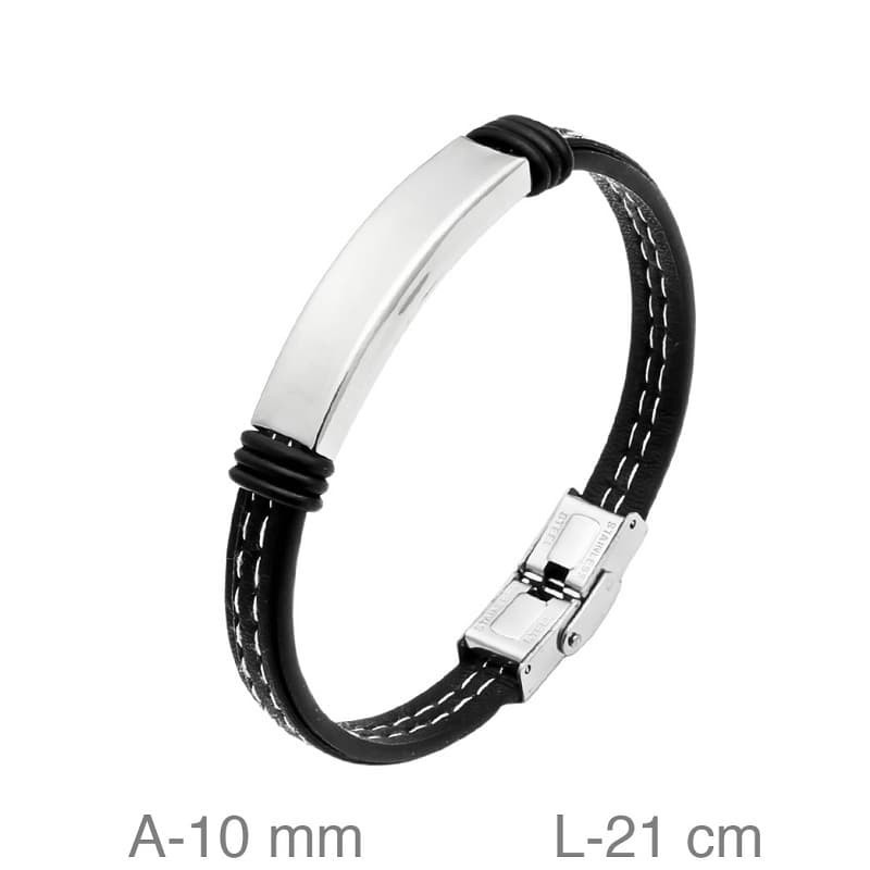 Pulsera de Acero y  Piel Negra con Pespunte Blanco