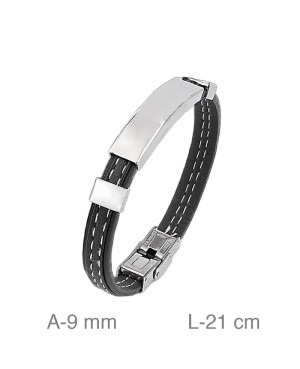 Pulsera de Acero y  Piel Negra con Pespunte Blanco