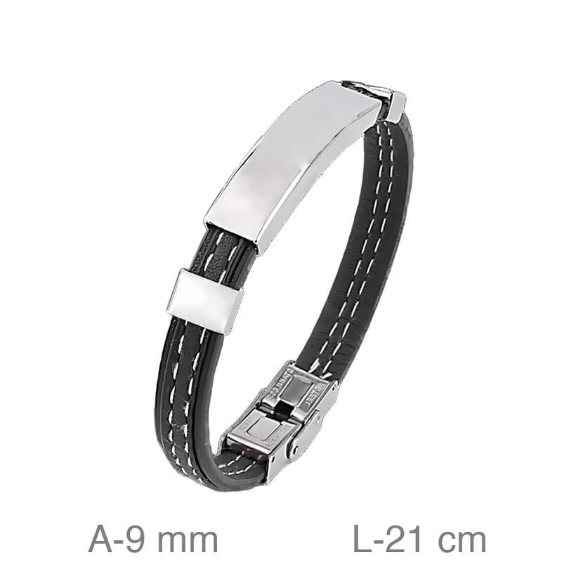 Pulsera de Acero y  Piel Negra con Pespunte Blanco