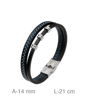 Pulsera Doble de Acero y Piel Negra con Pespunte Azul
