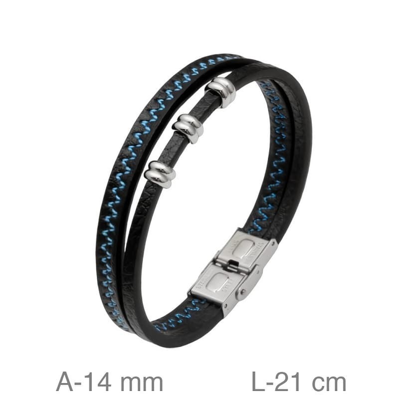 Pulsera Doble de Acero y Piel Negra con Pespunte Azul