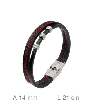 Pulsera Doble de Acero y Piel Negra con Pespunte Rojo