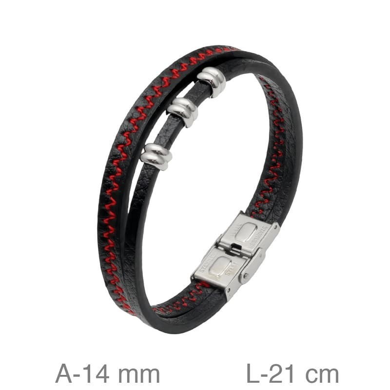 Pulsera Doble de Acero y Piel Negra con Pespunte Rojo