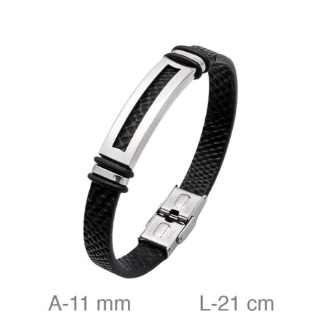 Pulsera de Acero y Piel Negra Grabada