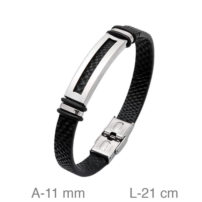 Pulsera de Acero y Piel Negra Grabada