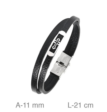 Pulsera Doble de Acero y Piel Negra con Cruz