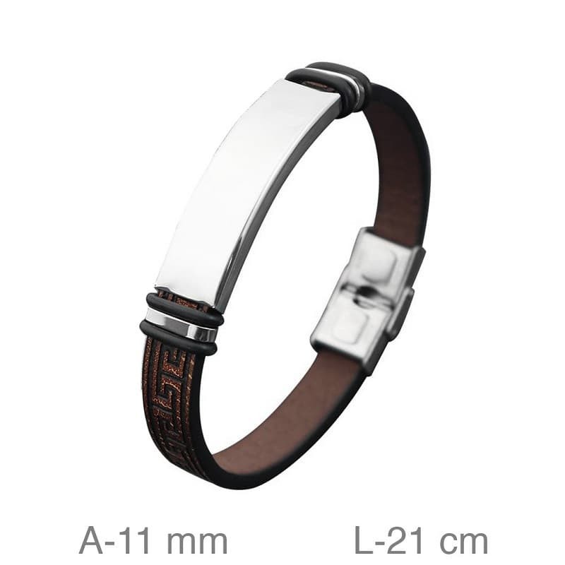 Pulsera de Acero y  Piel Marrón con Grabado