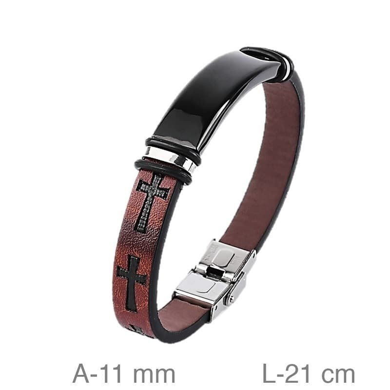 Pulsera de Acero Bicolor y  Piel Marrón con Grabado