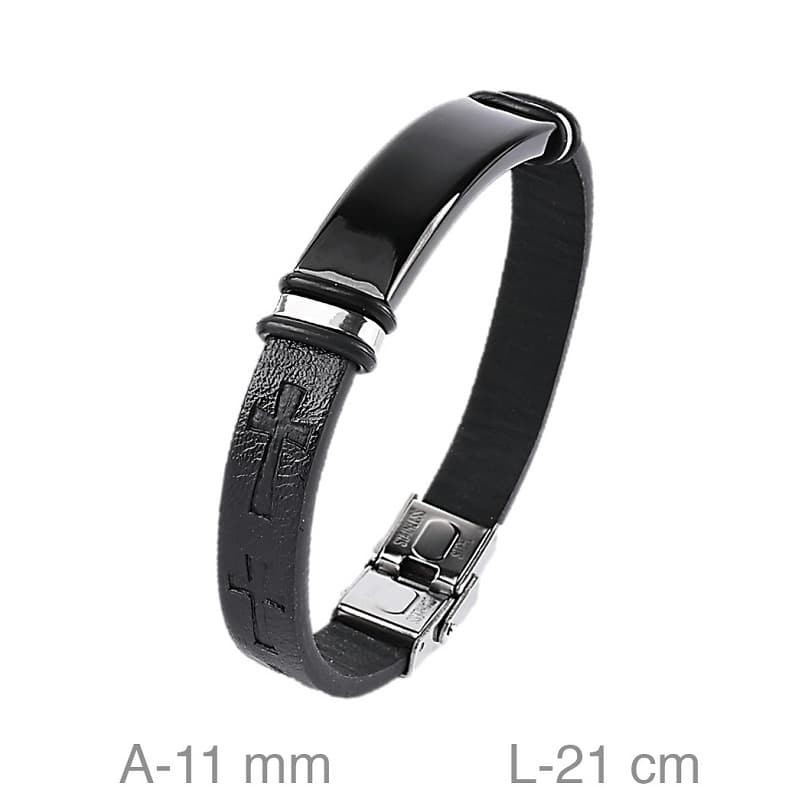 Pulsera de Acero Bicolor y Piel Negra con Grabado