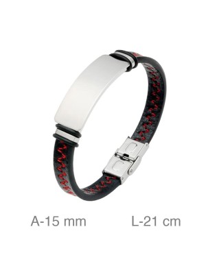 Pulsera de Acero y Piel Negra con Pespunte Rojo