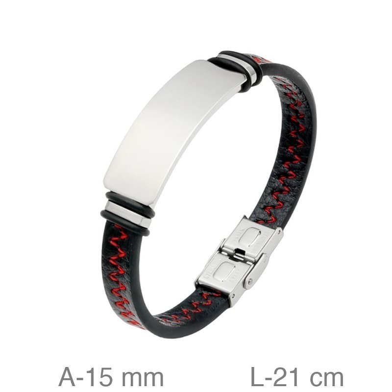 Pulsera de Acero y Piel Negra con Pespunte Rojo