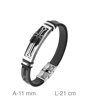 Pulsera de Acero y Piel Negra con Cruzes Grabadas