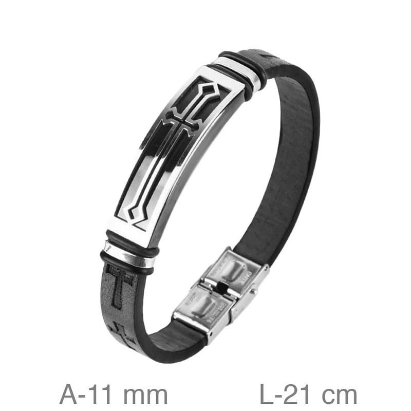 Pulsera de Acero y Piel Negra con Cruzes Grabadas