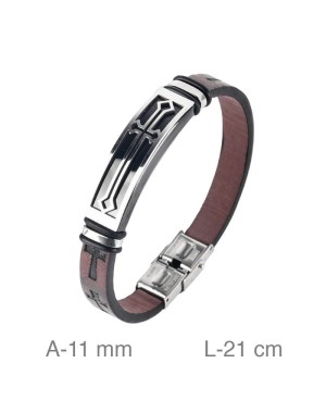Pulsera de Acero y Piel Marrón con Cruzes Grabadas