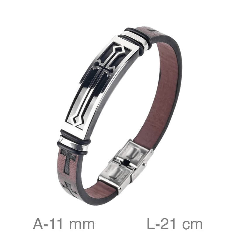 Pulsera de Acero y Piel Marrón con Cruzes Grabadas