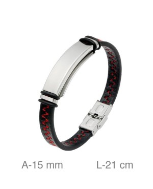Pulsera de Acero y Piel Negra con Pespunte Rojo