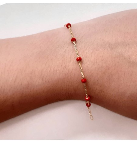 Pulsera de Cadena con Bolitas Rojas Plata Ley Bañada en Oro