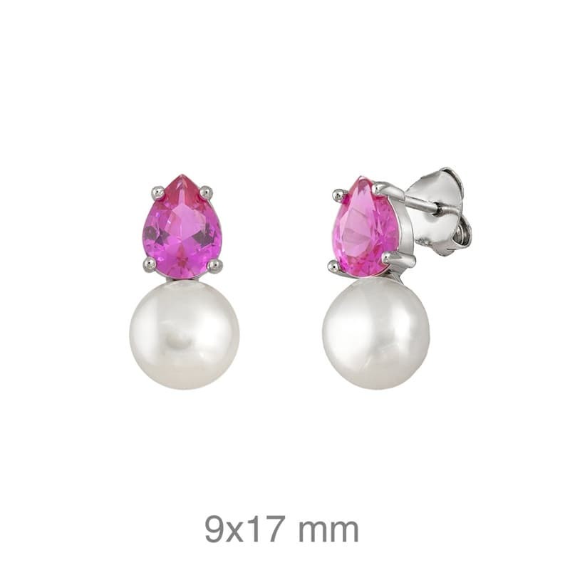 Pendientes con Circonita Rosa y Perlas en Plata Ley