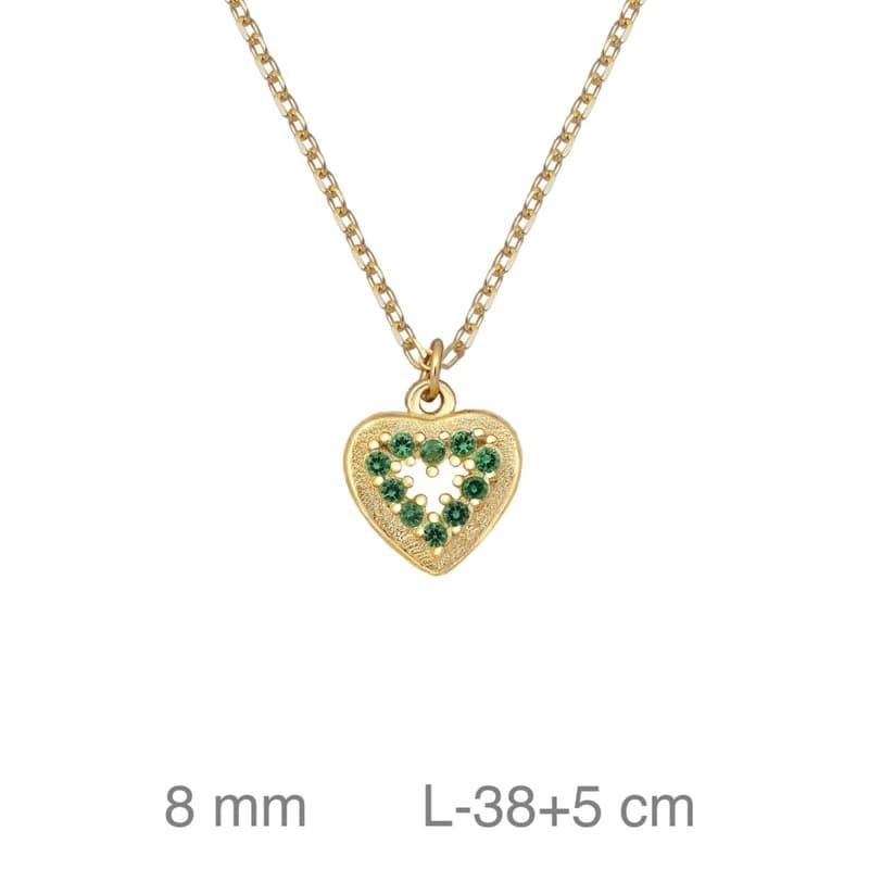 Collar Corazón  con Circonita Color Esmeralda de Plata Ley Bañada en Oro