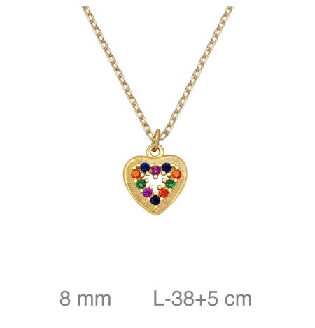Collar Corazón  con Circonitas Multicolores de Plata Ley Bañada en Oro