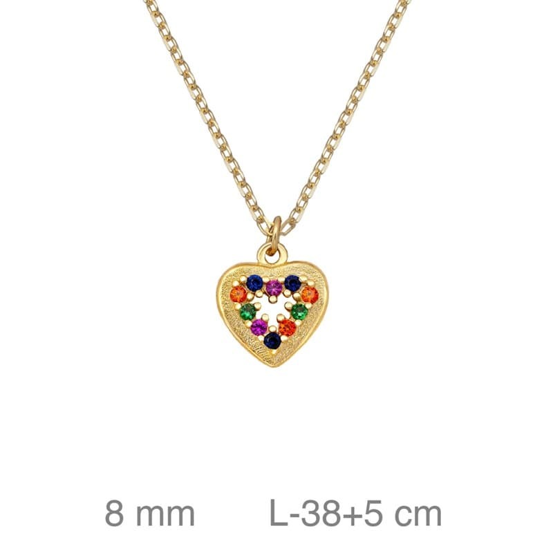Collar Corazón  con Circonitas Multicolores de Plata Ley Bañada en Oro