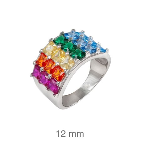 Anillo Ancho con Circonitas Multicolores en Plata Ley
