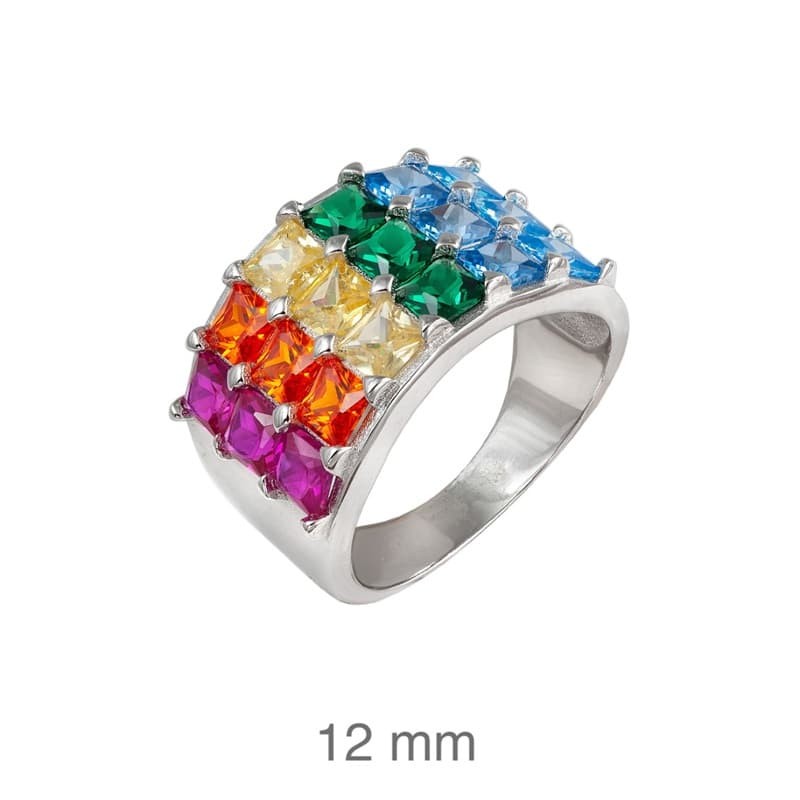 Anillo Ancho con Circonitas Multicolores en Plata Ley
