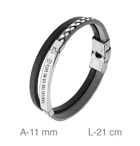 Pulsera Doble de Acero y Piel Negra  Gracias por ser mi Guía