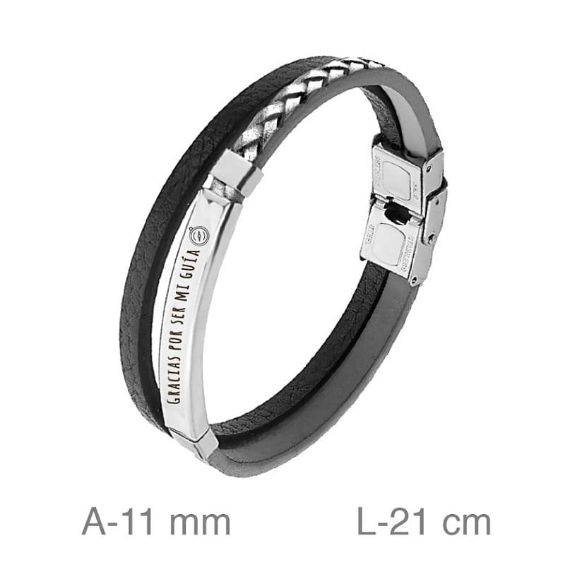 Pulsera Doble de Acero y Piel Negra  Gracias por ser mi Guía