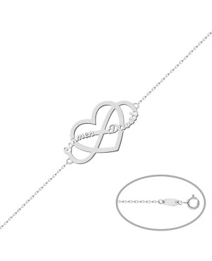 Pulsera Infinito + Corazón + Nombres en Plata Ley