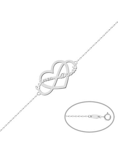 Pulsera Infinito + Corazón + Nombres en Plata Ley