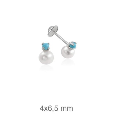 Pendientes Turquesa y Perla Rosca Plata Ley