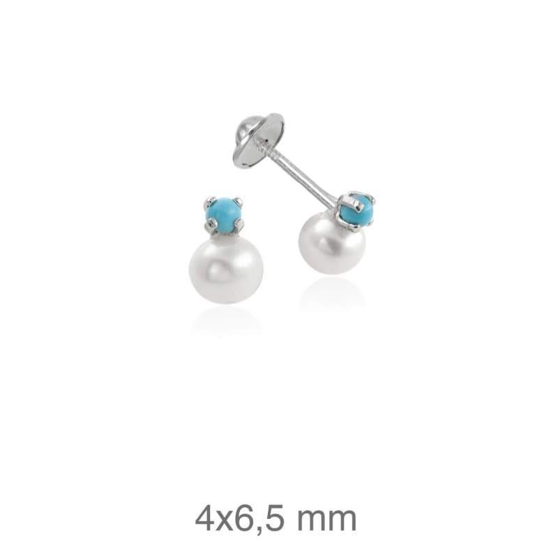 Pendientes Turquesa y Perla Rosca Plata Ley