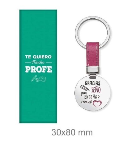 Llavero Profe Acero y Piel Rosa